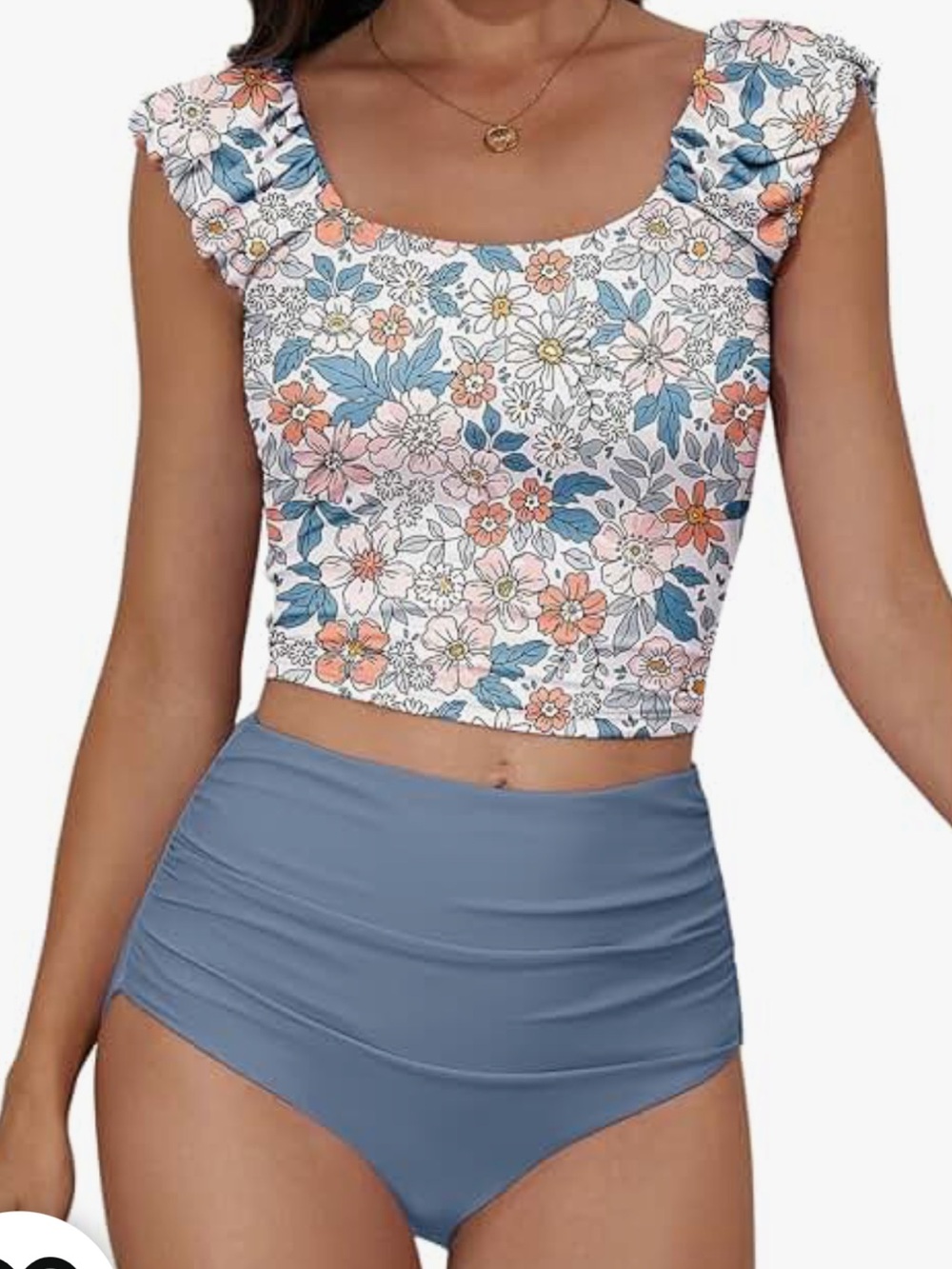 Floral Ruffle Strap Bikini Top with Dusty Blue High-Waist Bottoms - Picture 4 of 4